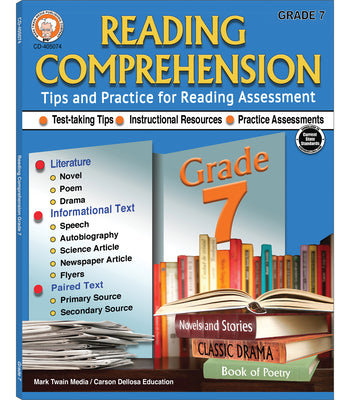 Grade 7 Reading Comprehension WorkbookLiterature, Novels, Poetry, Science and Newspaper Articles, Autobiographies With Reading Assessment Practice, ELA for Homeschool or Classroom (64 pgs)